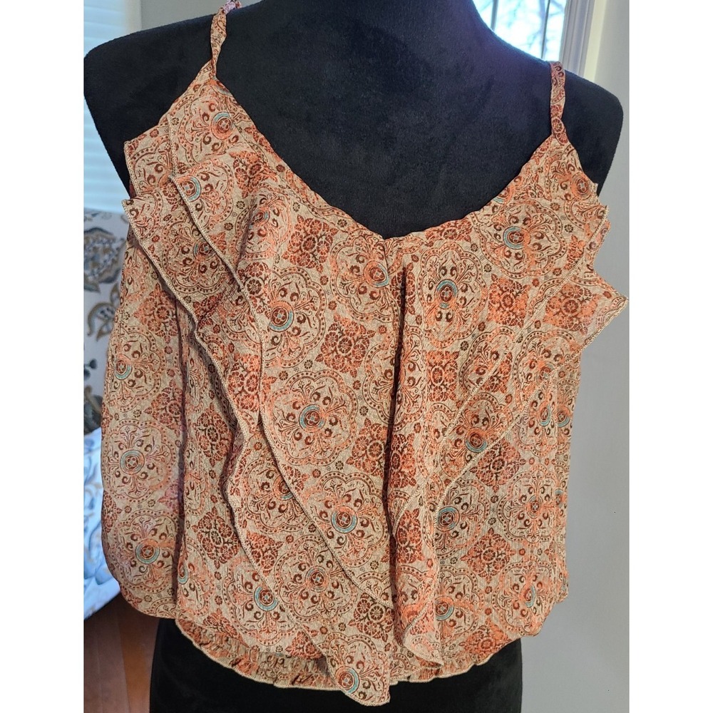 American Rag Cami Blouse w Adjustable Straps Floral Sz L Ruffle BOHO Indie‎